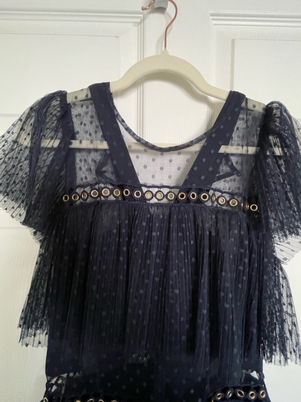 Sheer Navy Midi Dress with Eyelet Embellishment - Picture 3 of 7
